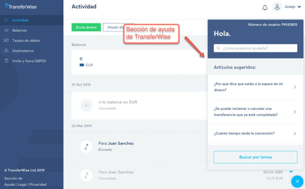 La sección de ayuda de Wise