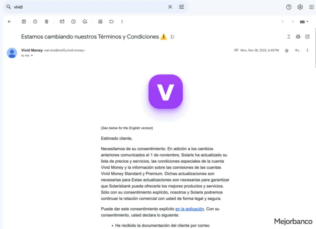 Cambio de condiciones de Vivid Money para mi cuenta personal