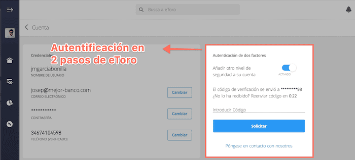La autentificación en 2 pasos de eToro