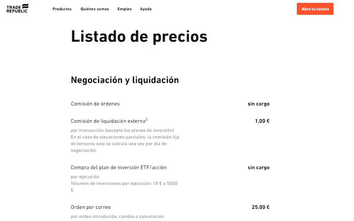 Lista de precios de Trade Republic