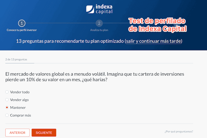 Pregunta del test de perfilado de riesgo de Indexa Capital