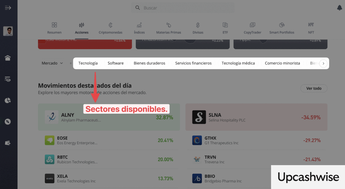 eToro acciones clasificadas por industrias y sectores