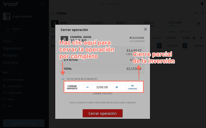 Cierre parcial o completo de una inversión con eToro