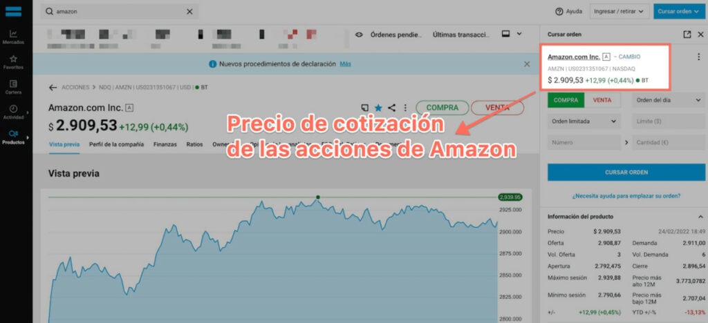 Precios de las acciones de Amazon en DEGIRO (24/02/2024)