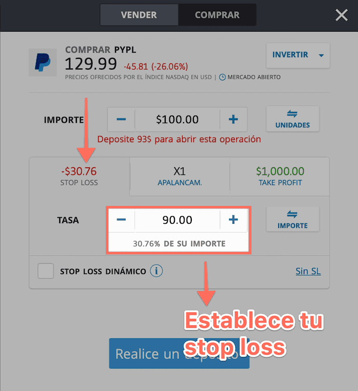 Menú de stop loss con eToro