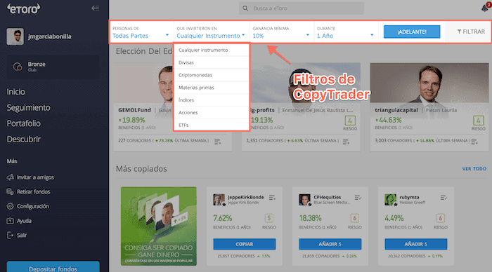 Filtros de CopyTrader (rentabilidades pasadas no garantizan futuras)