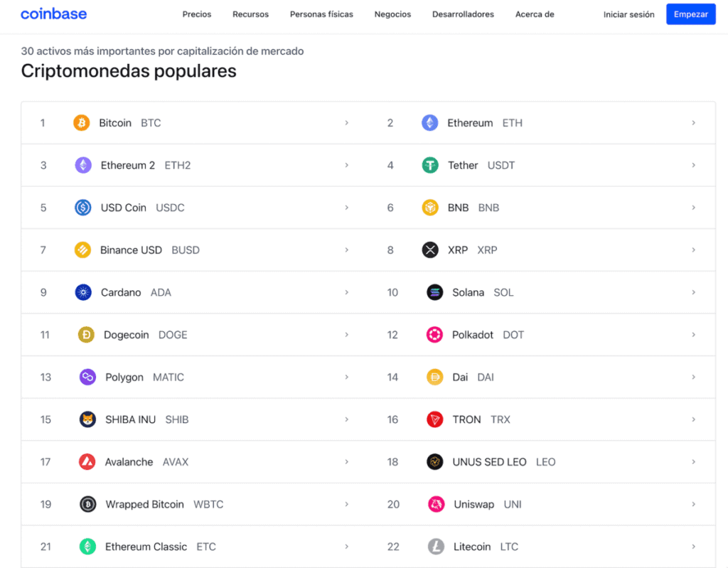 Criptomonedas disponibles en Coinbase