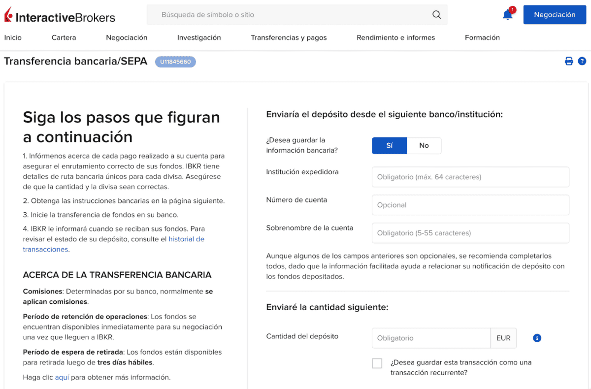 Añadir fondos con IBKR mediante transferencia