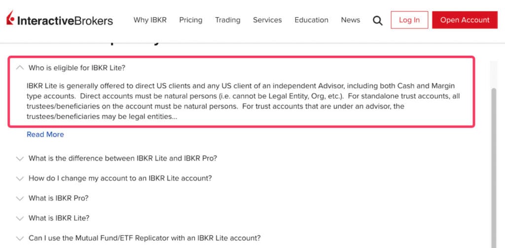 Cuenta IBKR Lite limitada a residentes de EE.UU.