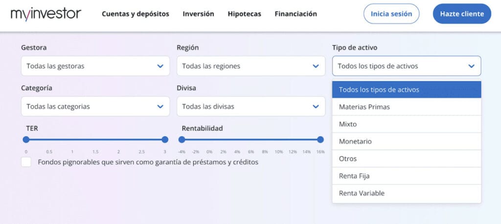 Buscador de fondos por tipo de MyInvestor
