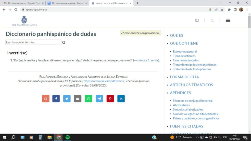 Definición de "invertir" en el Diccionario panhispánico de dudas de la Real Academia Española.