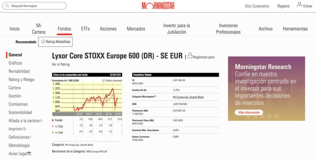 Ficha fondos indexado en Morningstar