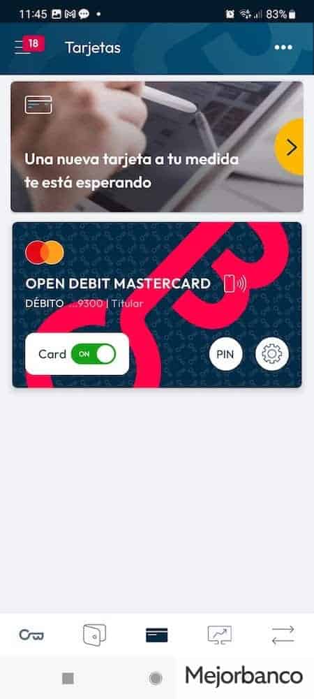 App para móviles de Openbank, manejo de la tarjeta