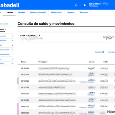 Extracto de mi cuenta real con el Sabadell