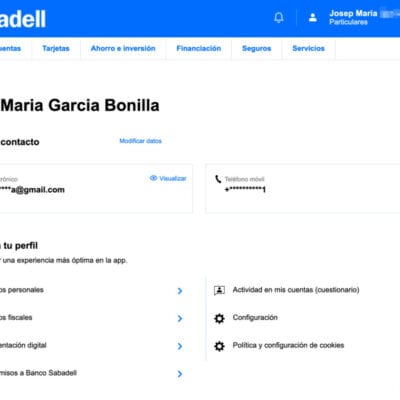 Panel de control de mi cuenta con el Sabadell