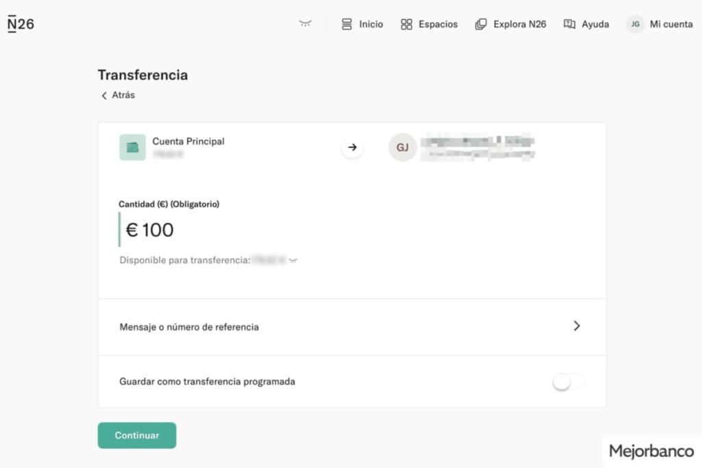 Pantalla de transferencias con N26