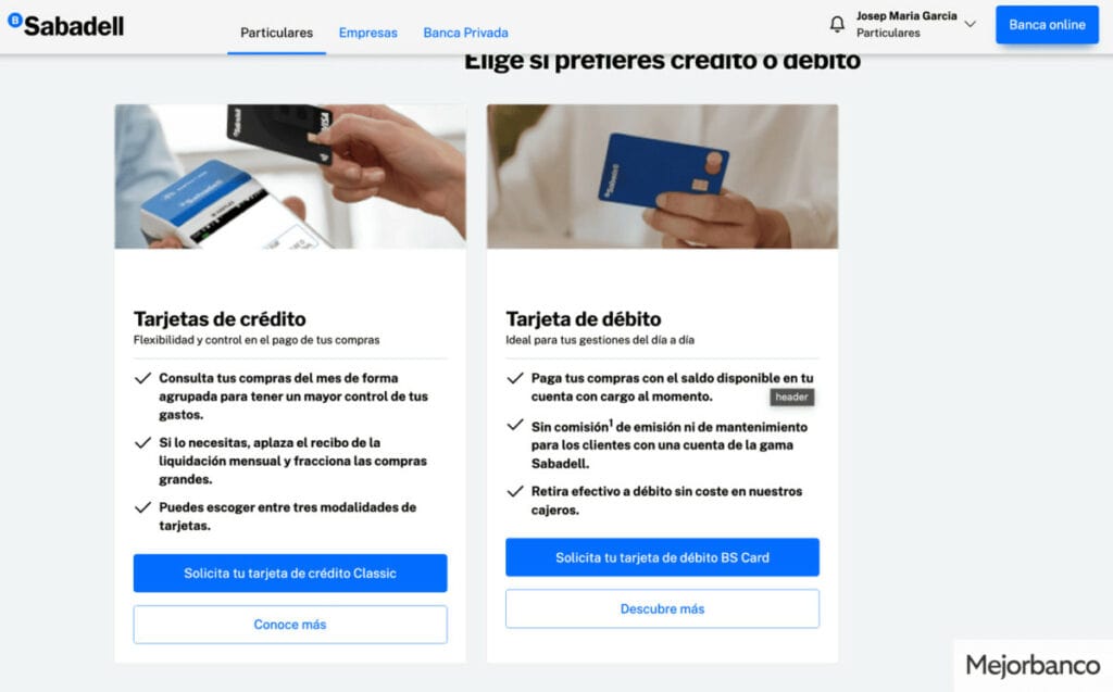 Tarjetas disponibles en el Banco Sabadell