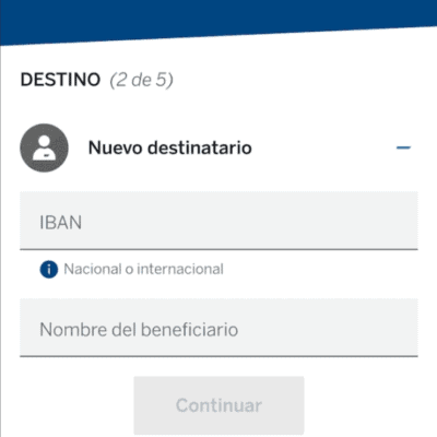 La interfaz app del BBVA por transferencias
