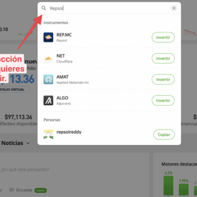 Primero busca tu acción en eToro