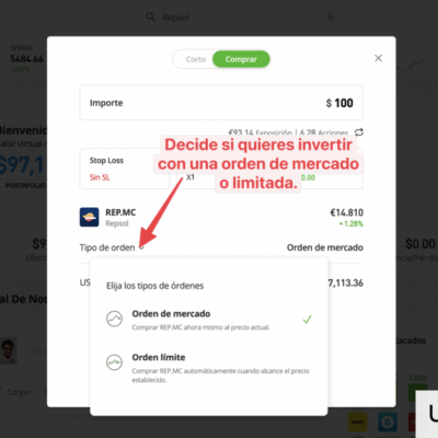 Decide el tipo de orden al comprar acciones con eToro